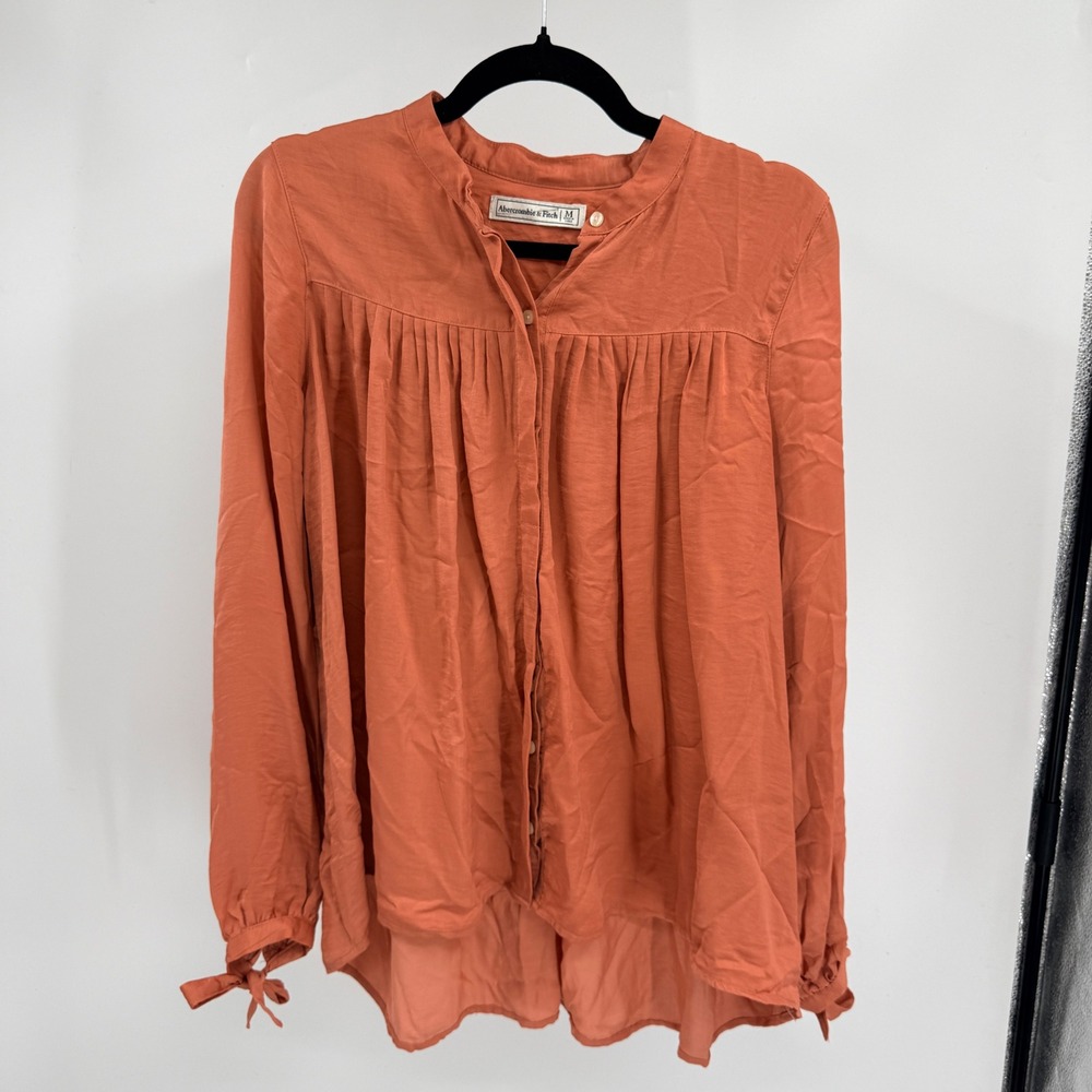 Abercrombie &‎ Fitch Burnt Orange Pleated Tie Cuff High Low Blouse M Flowy